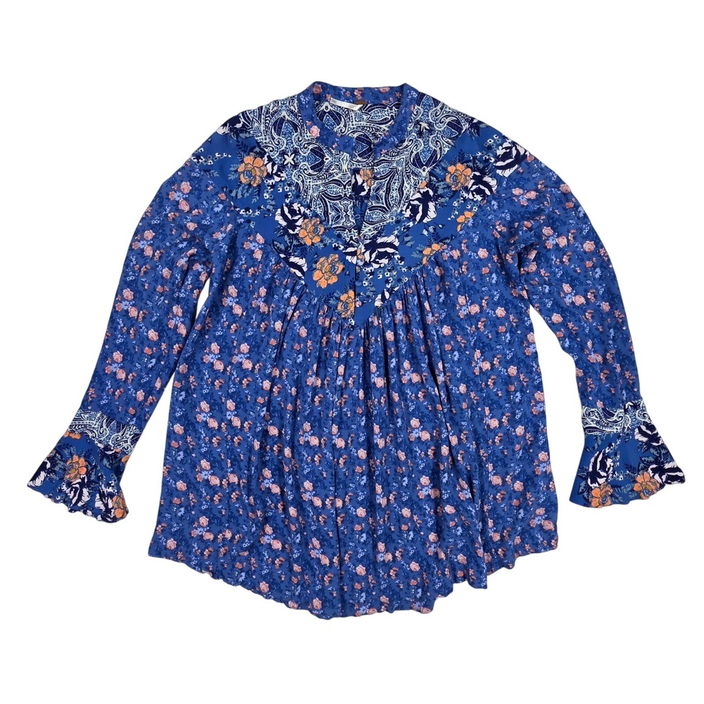 Free People Blue Floral Paisley Mixed Print Tunic Bell Sleeve Blouse Small